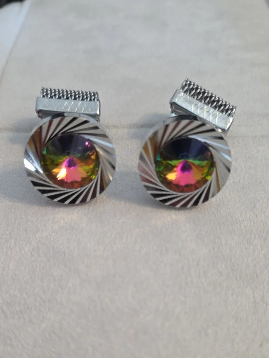 VTG 60s/70s Watermelon Rivoli Glass Wrap Around Silver Tone Cufflinks