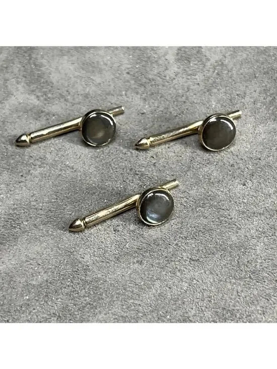 Vintage Brown Mother Of Pearl Round Tuxedo Shirt Stud Set Of 3 Gold Tone Swank