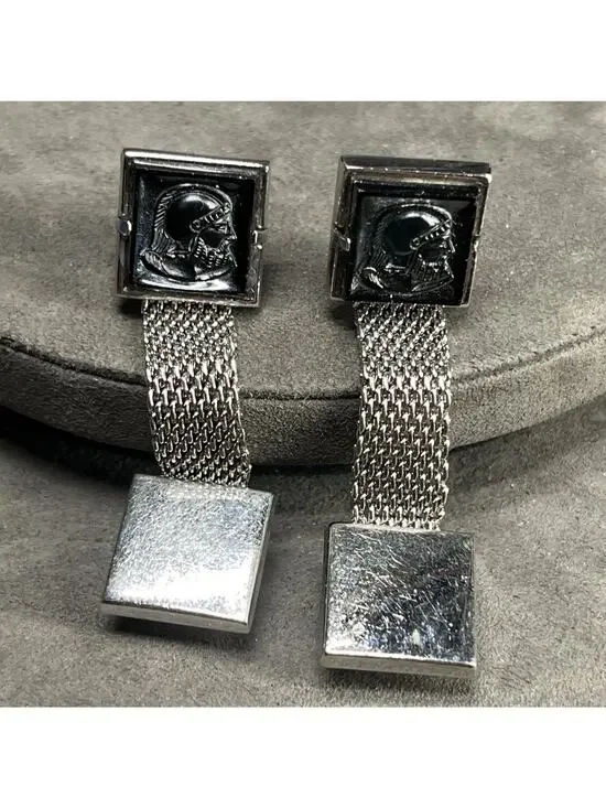 Vintage Roman Greek Soldier Cameo Wrap-Around Mesh Cufflinks Swank Snap Close