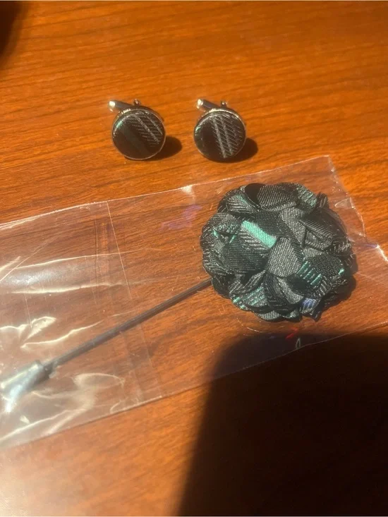 Black and Green Floral Lapel Pin with Matching Cufflinks