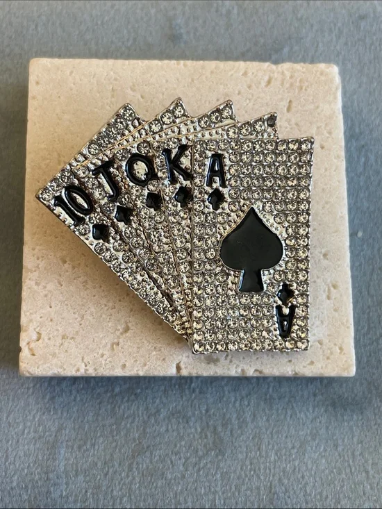 Rhinestone Playing Cards Brooch Pin - Silver and Black