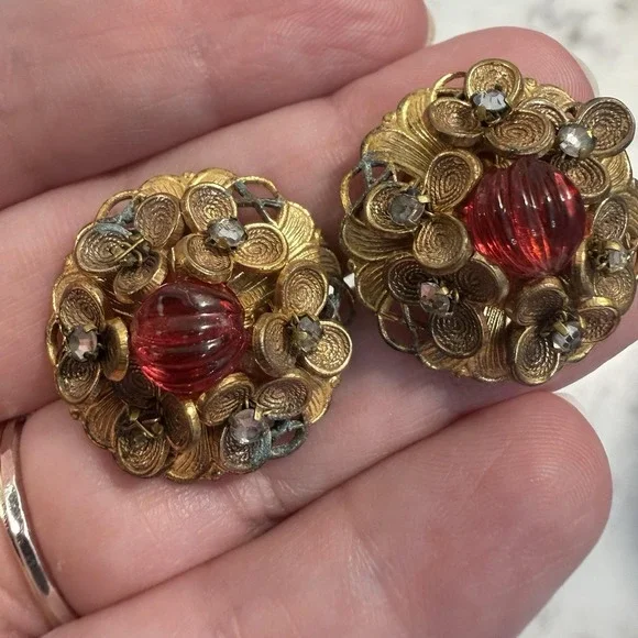 Antique Victorian Red Glass Rhinestone Gold Plated Filigree Ball Cufflinks