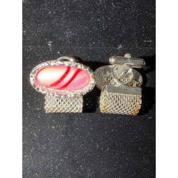 Vintage Silver Tone Mesh Wrap Cufflinks Pink Red Striped Art Glass Cabochon