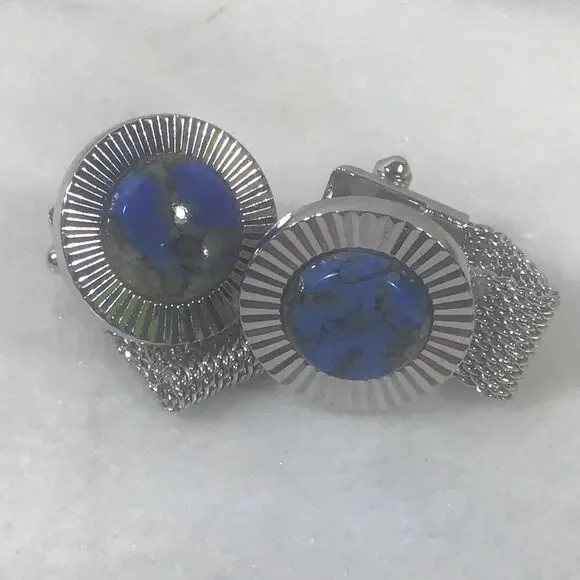 Vintage Silver Tone Mesh Wrap Cufflinks - Blue Lapis Style Stone - MCM Formal