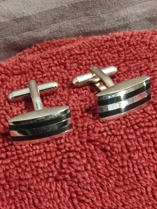 Stainless Steel and Black Onyx Striped Retangular Cuff Links (Cufflinks)
