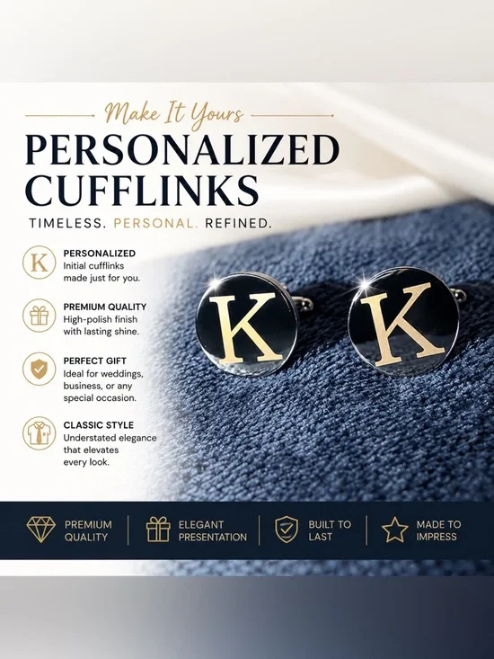 LOLIAS 1 Pair Silver Initial K Silver Cuff Links with Gift Box for Men