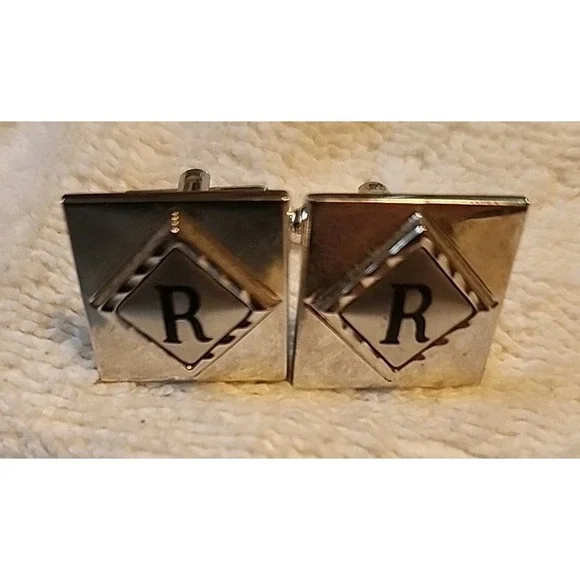 Vintage Silver Tone Cufflinks Letter R Monogram Square Swivel Back