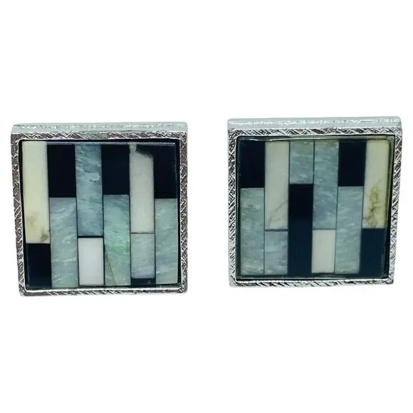 Vintage silver tone glass mosaic modernist massive designer cufflinks