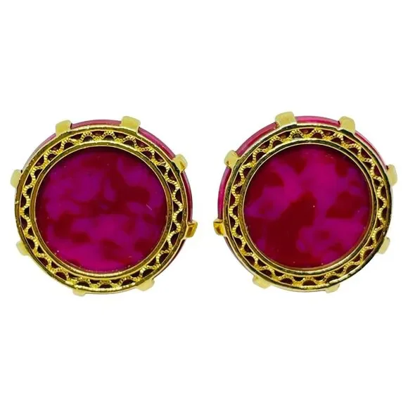 Vintage gold tone hot pink marbled glass massive designer cufflinks