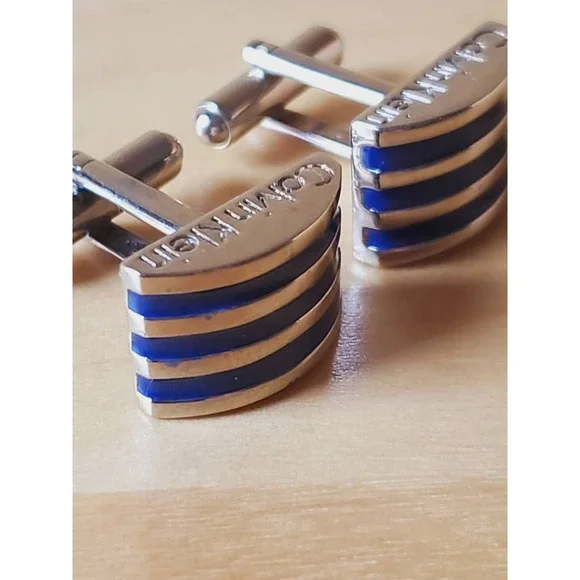 Calvin Klein Mens Silver Tone Cufflinks Blue Stripes Half Moon Shape Bullet Back