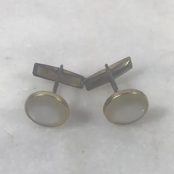 Vintage Gold Tone Round White Moonglow Glass Cabochon Cufflinks MCM