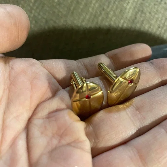 Vintage Swank Gold Tone Oval Cufflinks Red Rhinestone Accent Mid Century Modern