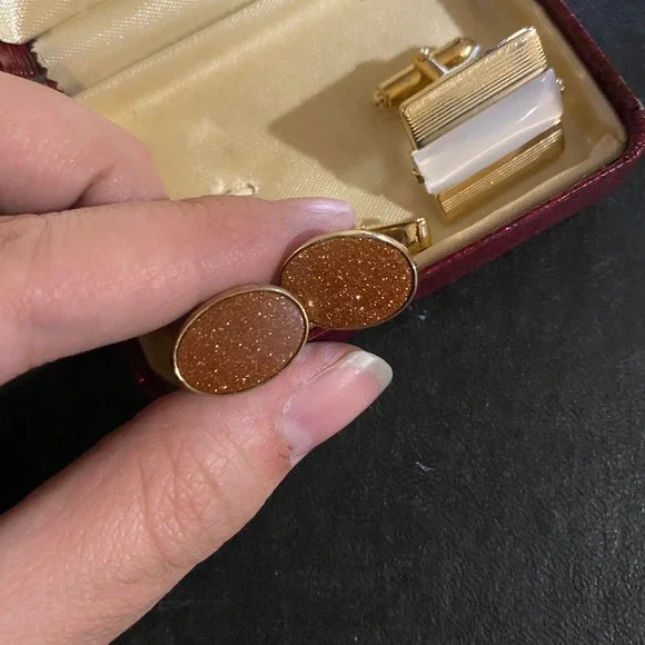 Vintage Gold Tone Oval Cufflinks Orange Shimmering Mid Century Formal