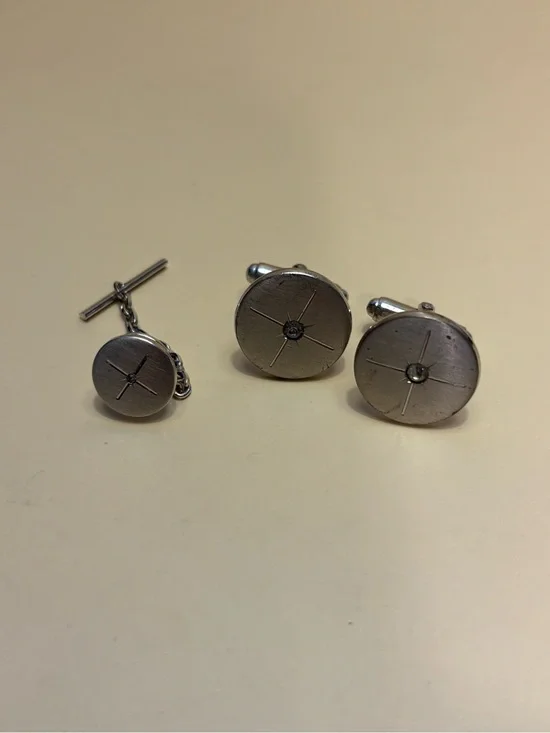 🌻Vintage Anson Silver-Tone Crystal Round Cufflinks and Tie Tack