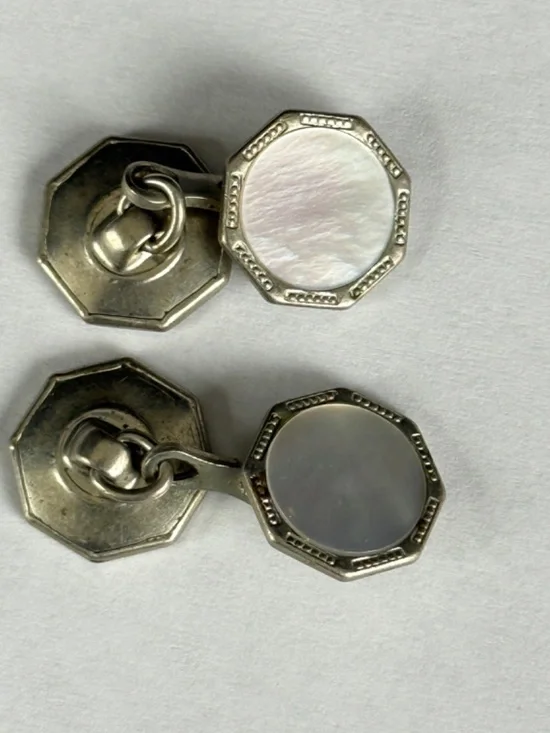 Vintage Art Deco Silver Tone Cuff Links Octagon w/ Mother of Pearl Inlay Antique