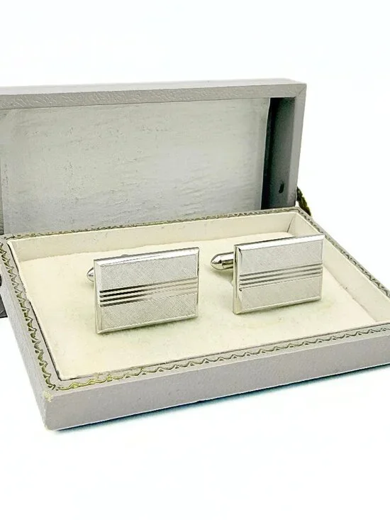 Swank Signed MCM Rectangular Etched Florentine Finish Silver Plated Cufflinks