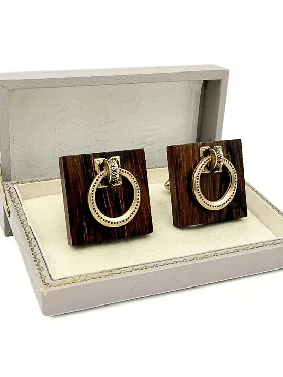 Swank Signed MCM Square Wood Gold Plated Door Knocker Brutalist Cufflinks
