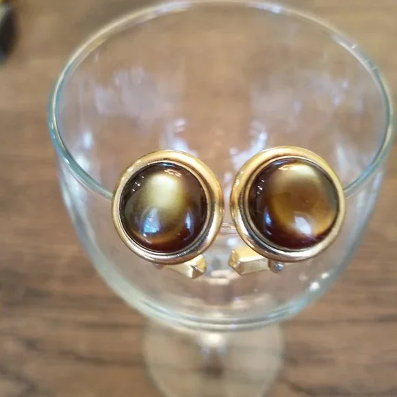 Vintage Gold Tone with Brown Stone Cuff Links