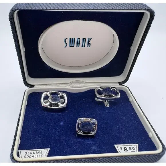 Vintage Swank Silver-Tone and Sodalite Agate Cufflinks and Tie Tack