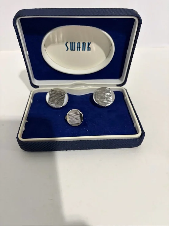 Vintage SWANK Silver Textured Round Cufflinks and Tie Pin Set