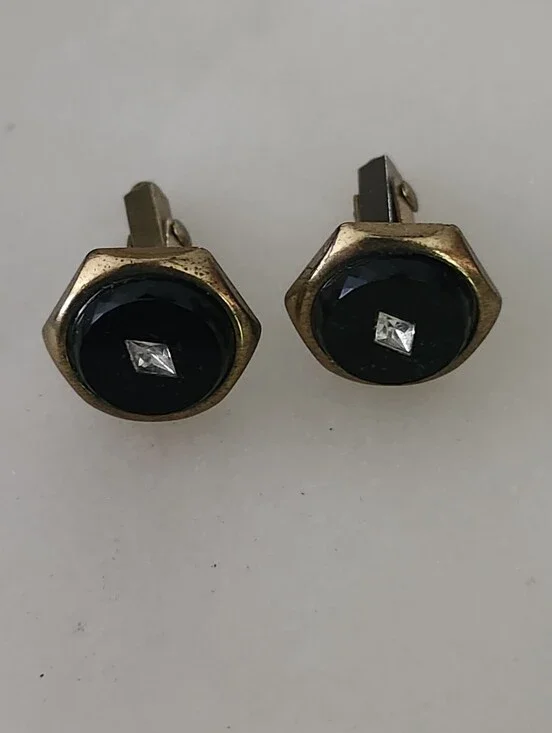 Vintage Gold Tone Black Onyx Hex Cufflinks