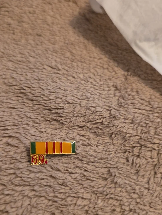 Military Style Enamel Ribbon Pin in Green and Yellow with Red Accent