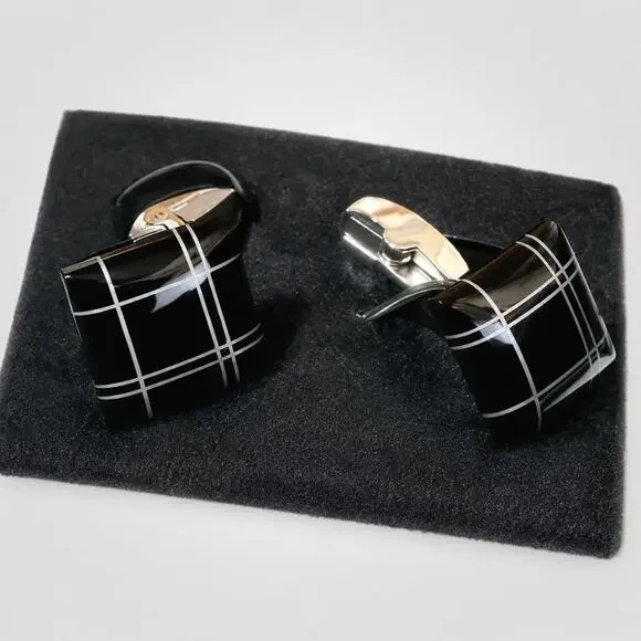 Engara Black Glass Cufflinks NIB Square Silver-Tone Original Gift Box 7/8