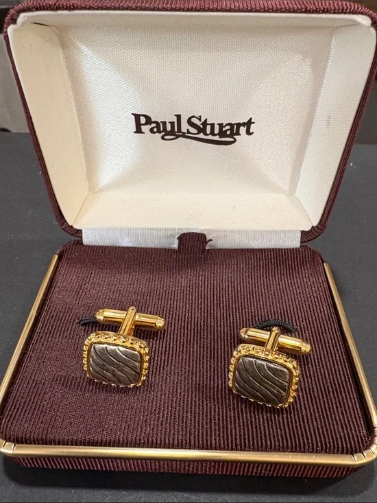 Paul Stuart Gold and Brown Textured Square Cuff Links