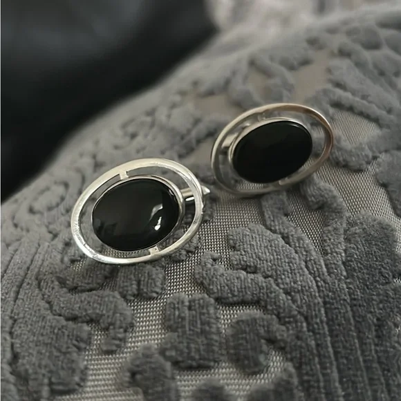 Silver and Black Oval Cufflinks - Swank