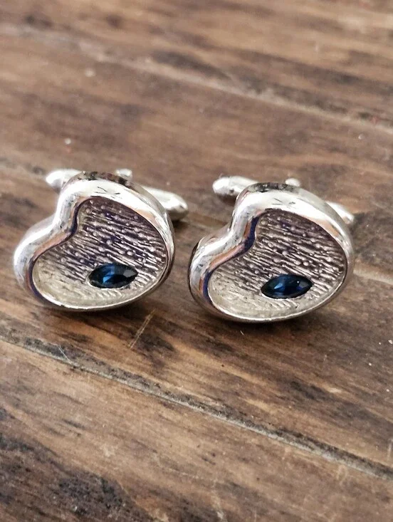 Vtg SWANK Silver Tone Curved Shaped Cufflinks with Blue Stone Accent