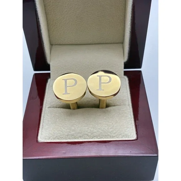 Classic “P” Monogrammed Cuff Links Round Gold Tone Formal Men’s Wedding