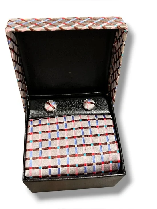 100% Silk Tie & Matching Cufflinks Gift Set : Light Purple/Multi Color Check D-3