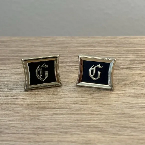 Vintage Initial “G” Cufflinks Gold Tone Black Enamel Letter Monogram Retro Men’s