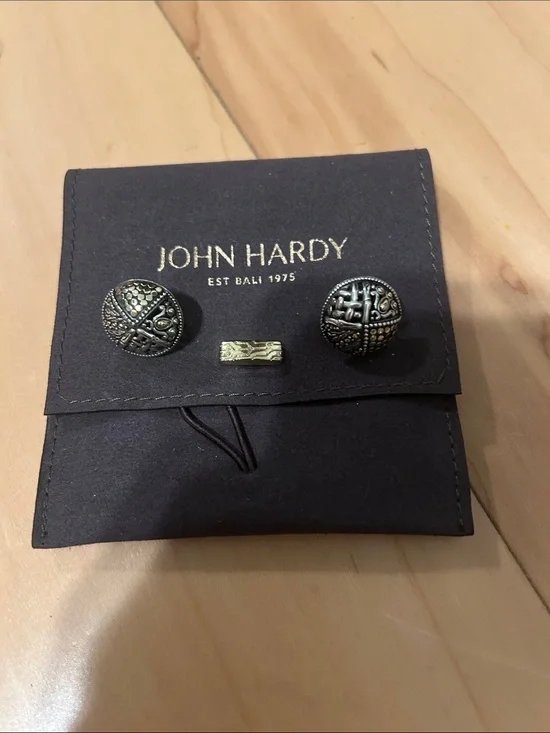 John Hardy Black and Gold Engraved Round Cufflinks with Bar