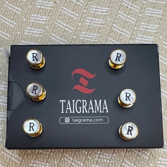 Taigrama Gold and Black Monogram “R” Tuxedo Studs set of 6