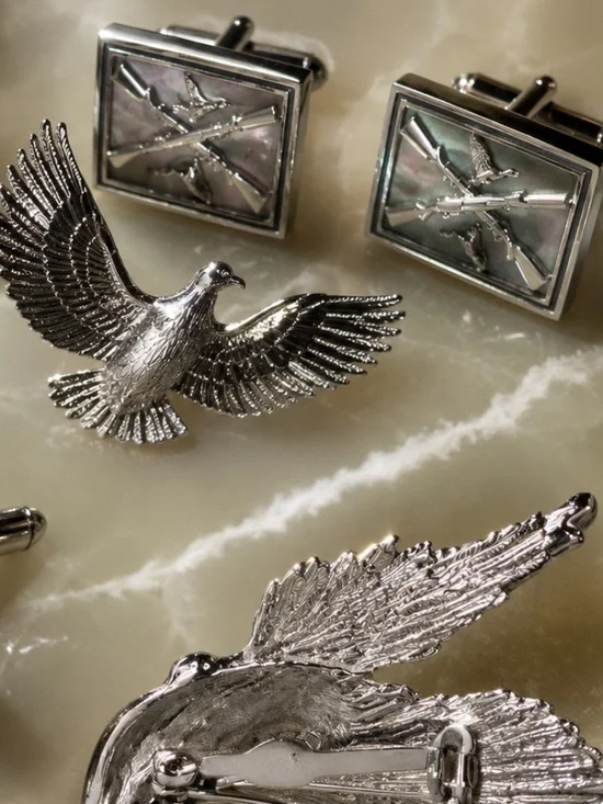 Vintage Silver Tone Duck Hunter Cufflinks & Matching Tie Tack Set– Formal