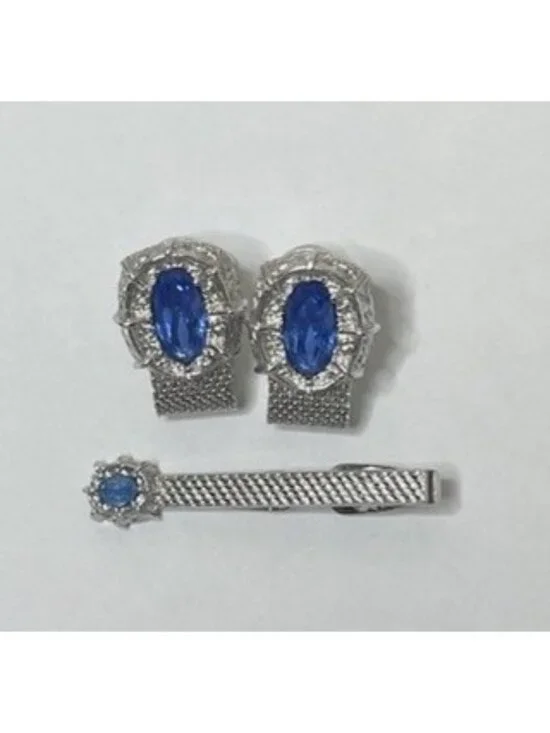 Vintage Mesh Cufflinks/Tie Clip Set Blue Rhinestone Silver Tone Retro MCM Dapper