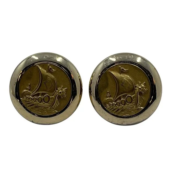 Vintage Swank Mens Cufflinks Gold Tone Sailboat Sailing Ship Boat‎ Waters Pirate