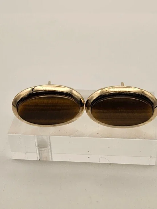 Vintage SWANK Tiger's Eye Cufflinks Gold Tone Oval Cabochon Mens MCM Signed S