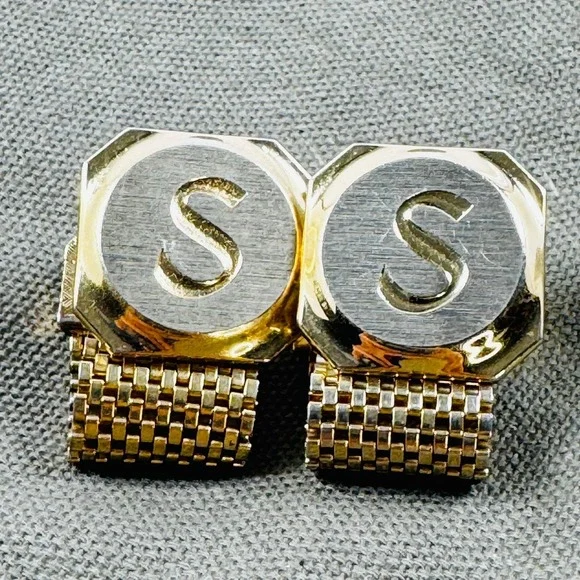 VTG Initial S Monogram Two Tone Mesh Wrap Cufflinks Dad Father Groom MCM Retro