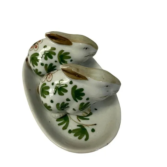 Vintage Salt & Pepper Shaker Two Rabbit on a Small Plate Handcrafted in Thailand