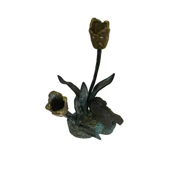 Vintage Wildwood Candlesticks Holder Tulip Bird Bronze 8.5