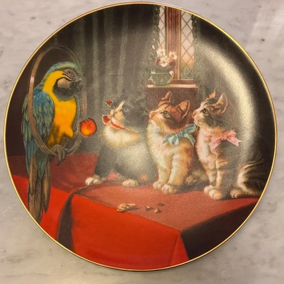 Decorative Plate with Parrot and Kittens