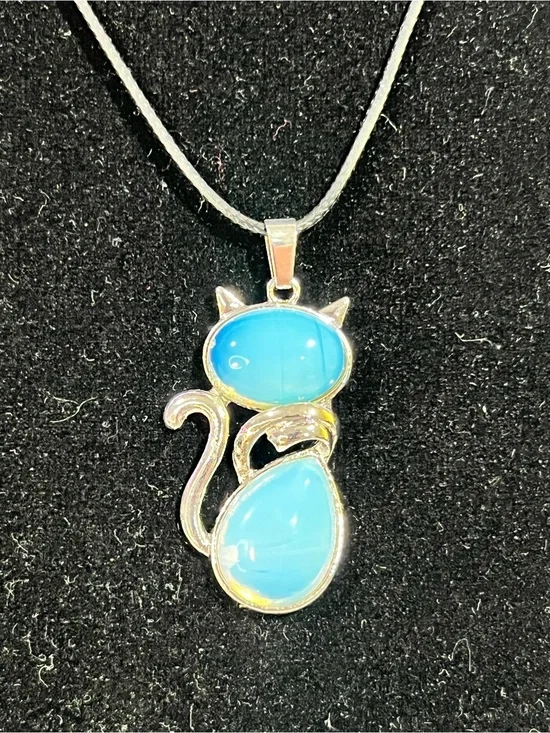 Cat Opalite Pendant Necklace with Blue Gemstones - Pet Jewelry