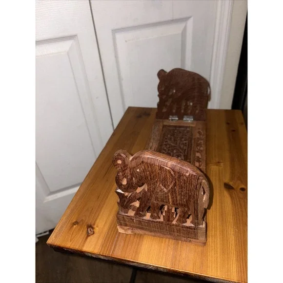 VTG‼ Hand Carved Ornate Elephant Expandable Wooden Bookend Rack Book Shelf India