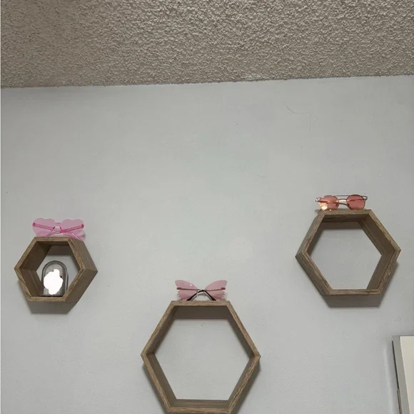 Hexagonal Wooden Wall Shelves 3 set - Brown