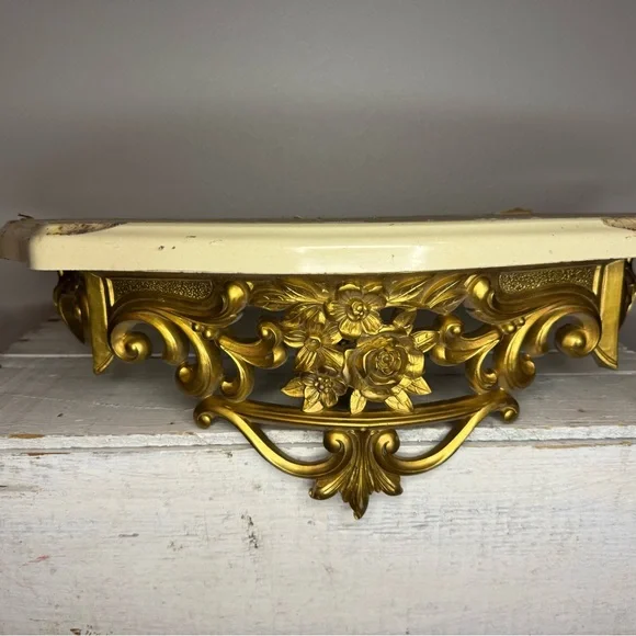 Vtg 1965s Gold Ornate Rose & Marble Wall Shelf Dart Syroco Hollywood Regency MCM