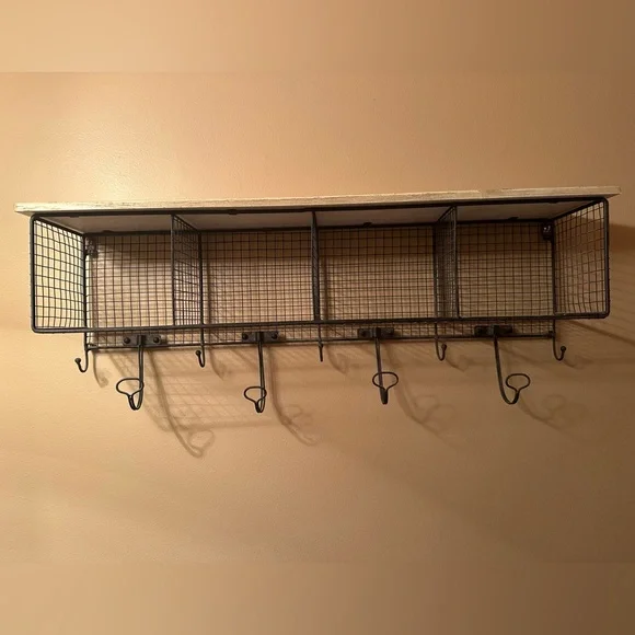 Vintage wood & metal shelf with cubbies and hooks