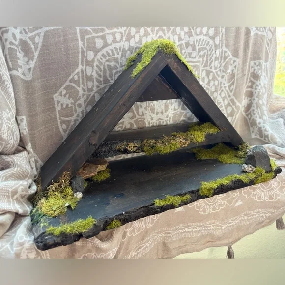 Handmade Rustic Black Moss Triangle Wall Shelf