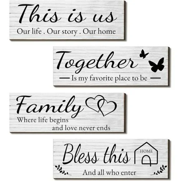 4 Pieces Wooden Home Wall Art Decor Rustic Farmhouse Decor Signs For Living Room